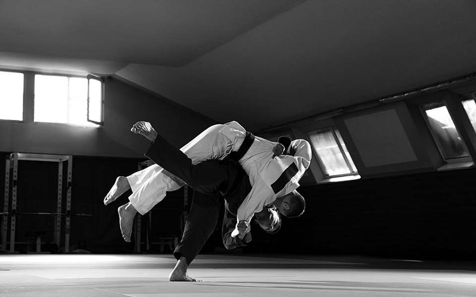 deux jeunes judokas en kimono s'entraînant aux arts martiaux